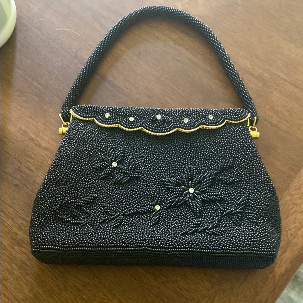 Vintage 1950s Fully Beaded Rhinestone Black Handbag Purse Floral Flawless